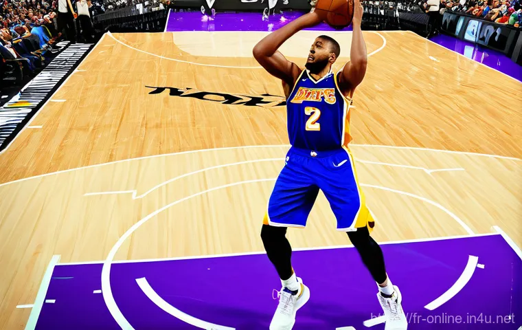 NBA 2K25 신기능 리뷰 - **A highly detailed and realistic image of a professional male basketball player, mid-air, executing...