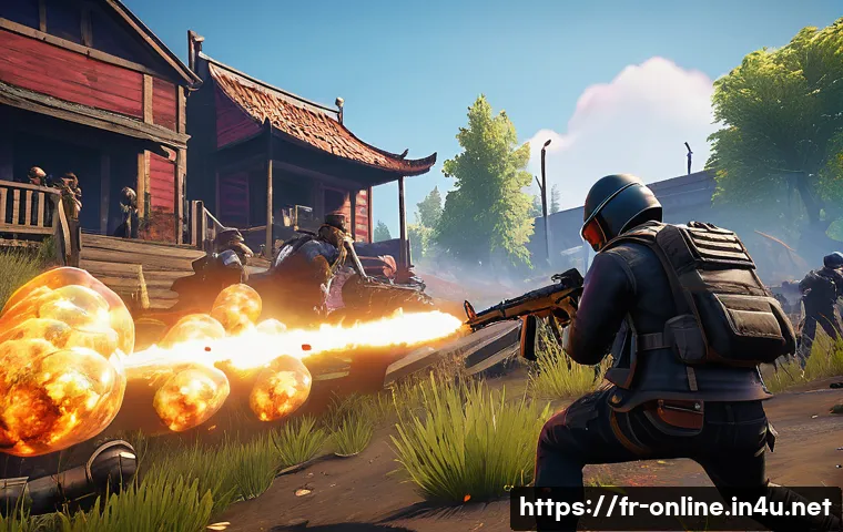 H1Z1과 배틀그라운드의 차이 - A dynamic battle royale scene featuring fast-paced combat in a colorful, semi-cartoonish environment...