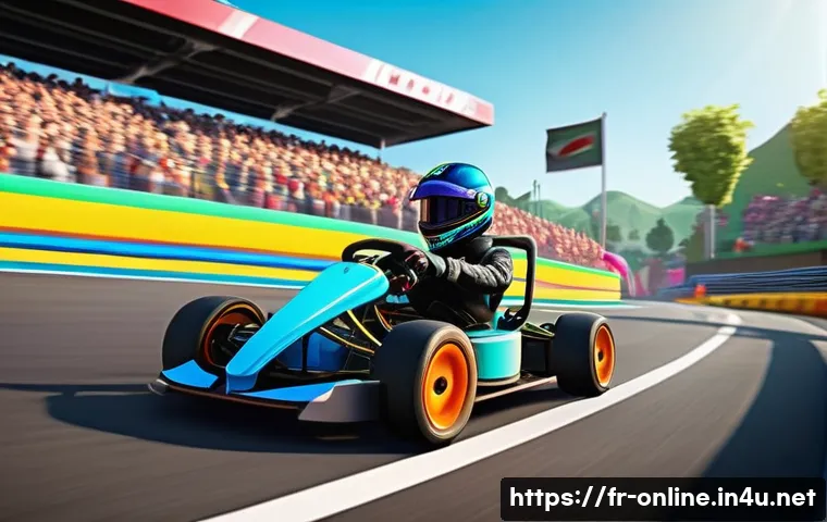 카트라이더 붐업 인기 비결 - A vibrant and colorful kart racing scene set in a lively, detailed environment filled with lush gree...